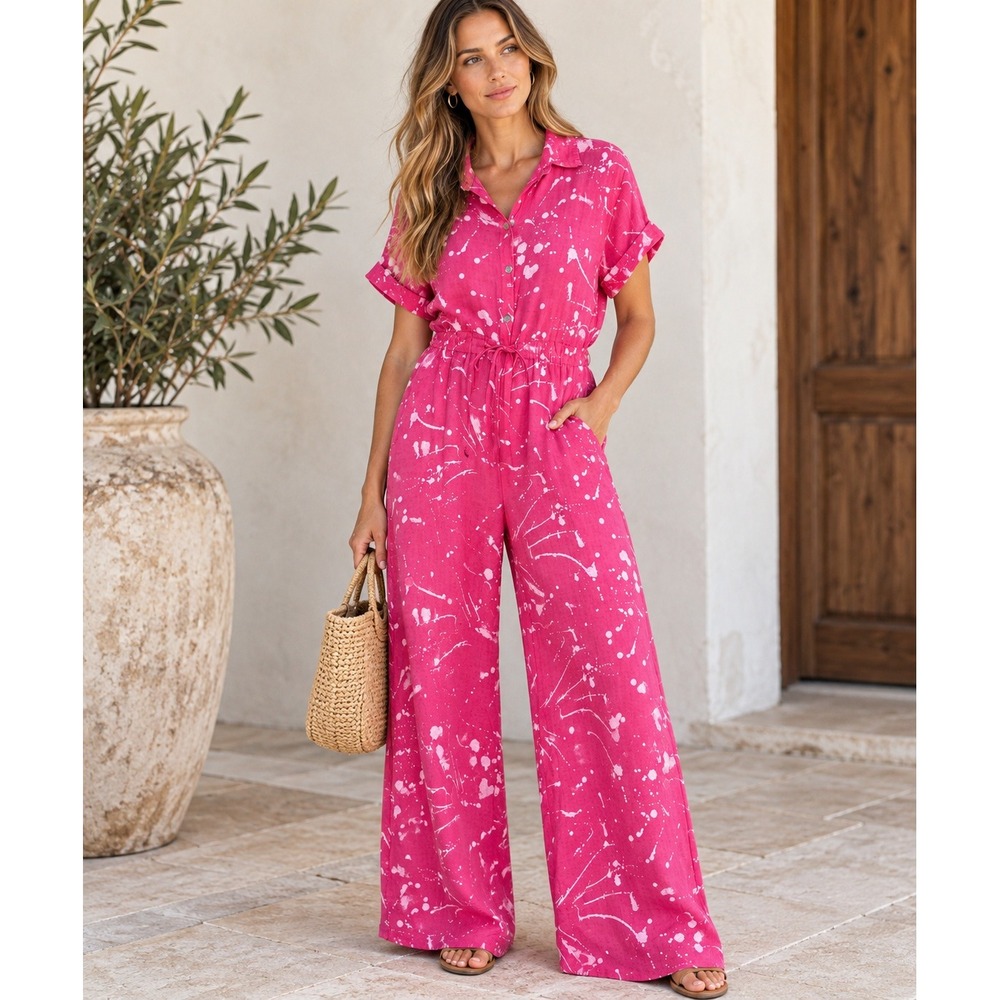 Made in Italy Pink Linen Wide Leg Jumpsuit Abstract Print L